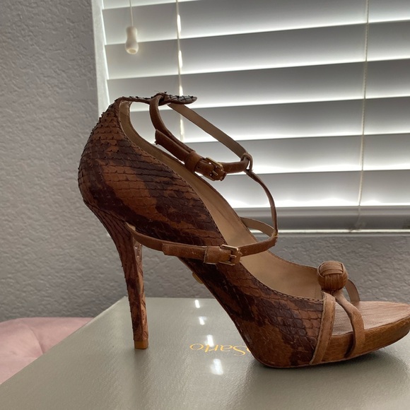 L.A.M.B -Felix, Multi Brown Snakeskin Leather Peep Toe Stiletto Sandal size 9.5M - Picture 11 of 12